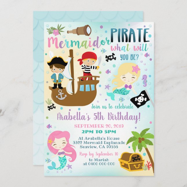 Mermaid Pirate Invitation Boy Girl Invitation (Front/Back)