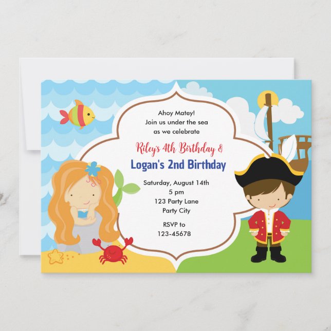 Mermaid & Pirate Joint Birthday Invites Boy Girl (Front)