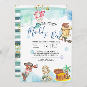 Mermaid & Pirate   Joint Pool Party Invitation