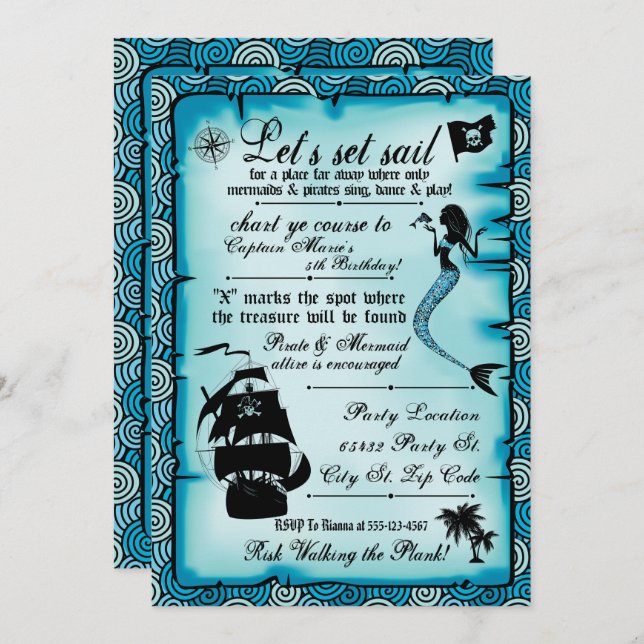 Mermaid, Pirate Party Invitations (Front/Back)