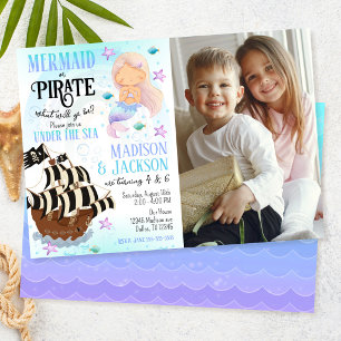 Mermaid & Pirate Photo Siblings Joint Birthday  Invitation