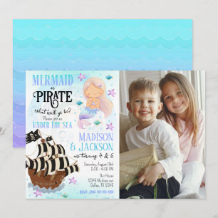 Mermaid & Pirate Photo Siblings Joint Birthday  Invitation