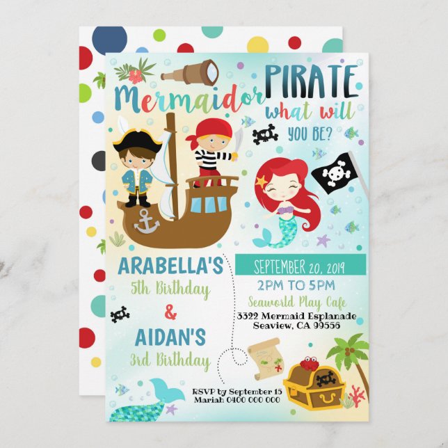 Mermaid Pirate Sibling Boy Girl Invitation (Front/Back)