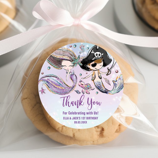 Mermaid Pirate Under the Sea Joint Birthday Favour Classic Round Sticker (Creator Uploaded)