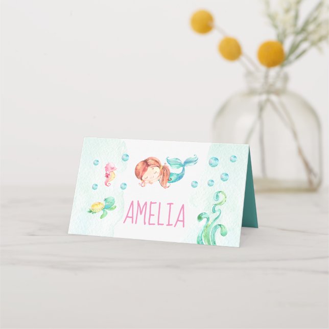 Mermaid Place Card, Pool party Place Card (Front)