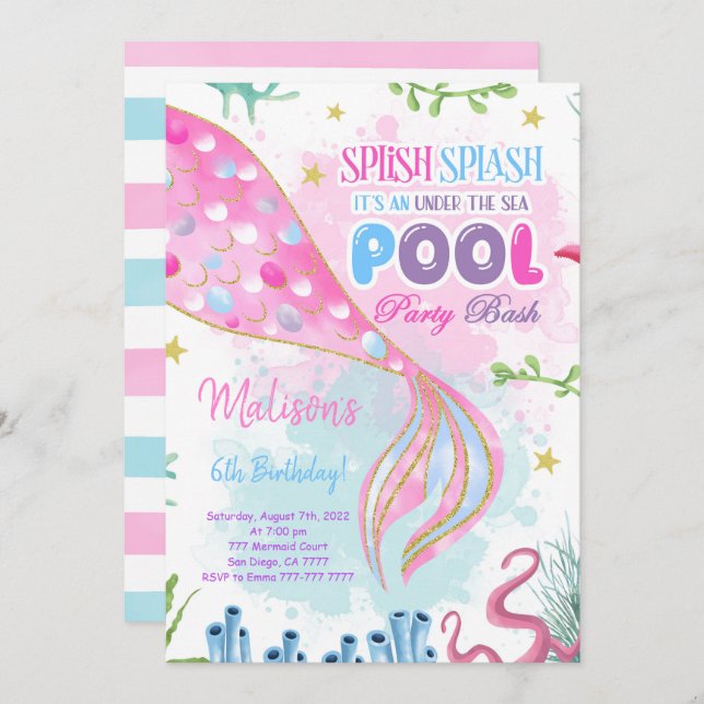 Mermaid & Pool Birthday Invitation (Front/Back)