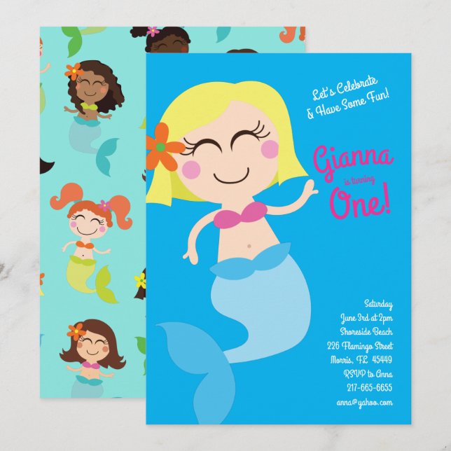 Mermaid Pool Birthday Party Kids Invitation (Front/Back)