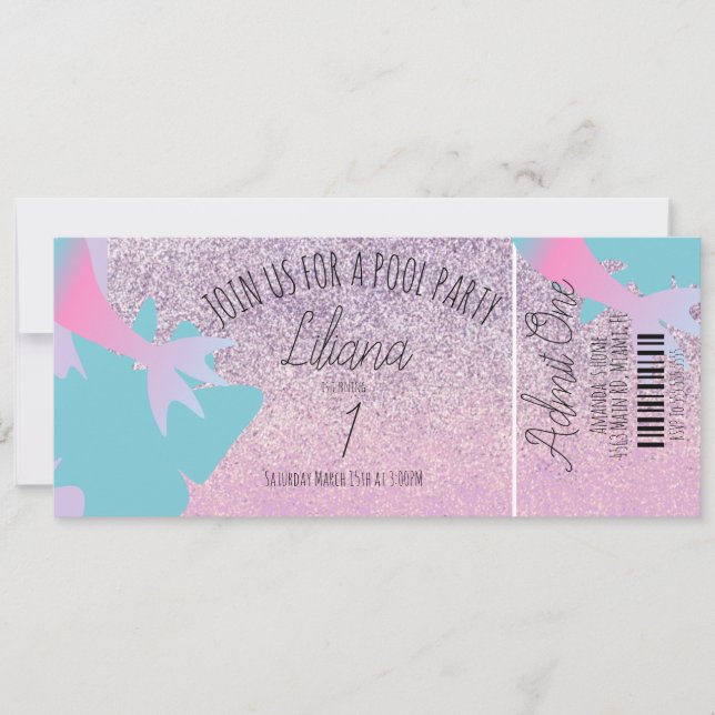Mermaid Pool Faux Glitter Birthday Ticket Party  Invitation (Front)