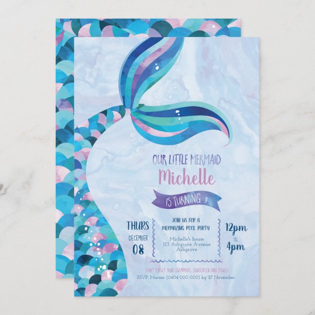 Mermaid Pool Party Birthday Invitation (Front/Back)