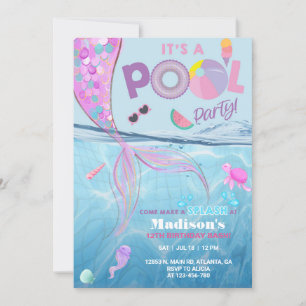 Mermaid pool party birthday invitation, girl. invitation