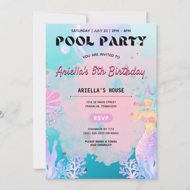 Mermaid Pool Party Girl Birthday Invitation (Front)