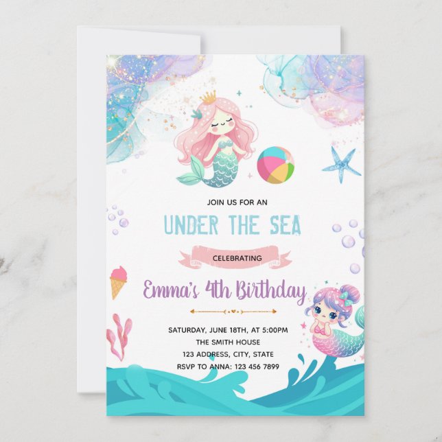 Mermaid pool party invitation (Front)