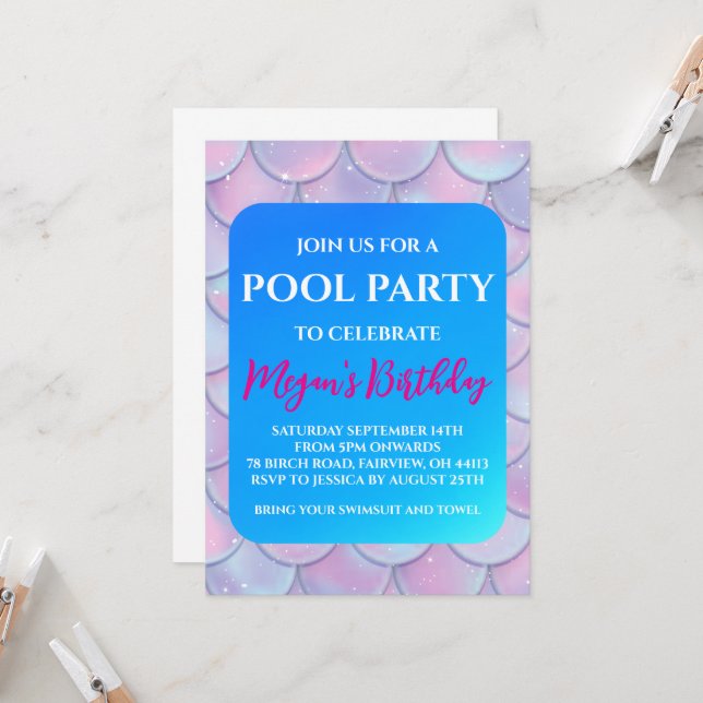 mermaid pool party invitations (Front/Back In Situ)