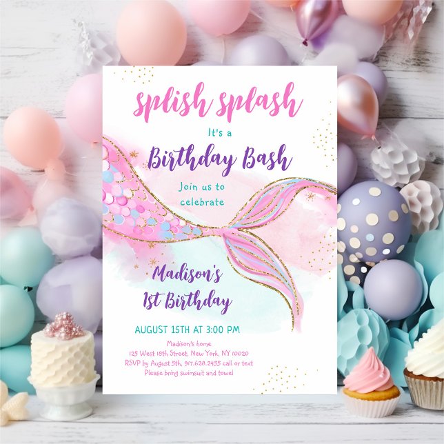 Mermaid Pool Party Pink Gold Birthday Invitation (Creator Uploaded)