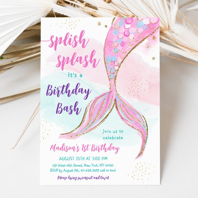 Mermaid Pool Party Pink Purple Birthday Invitation (Creator Uploaded)