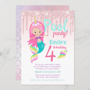 Mermaid POOL Party Purple Pink Silver Glitter Girl Invitation