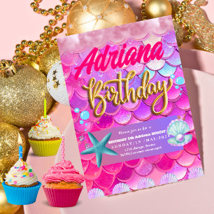 Mermaid Pool sea Party Pink birthday Bright  Invitation