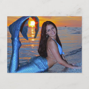 Mermaid posing on the Beach at Sunset Postcard