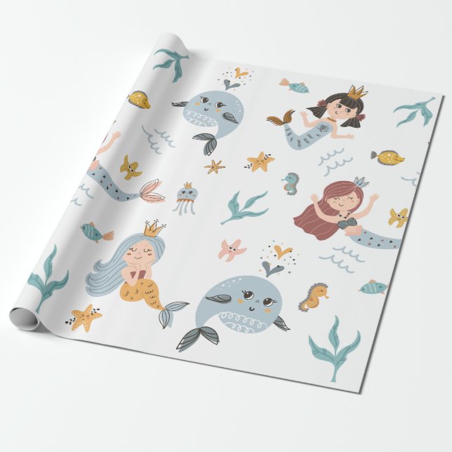 Mermaid Princess and Whale Wrapping Paper (Unrolled)