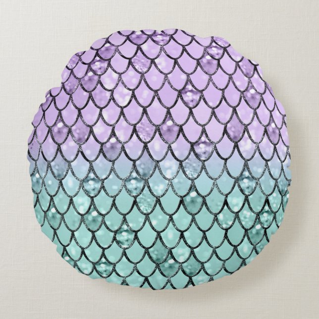 Mermaid Princess Glitter Scales #2 Round Cushion (Front)