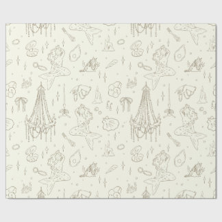 Mermaid Princess Ocean Fantasy Beige Toile Pattern Wrapping Paper
