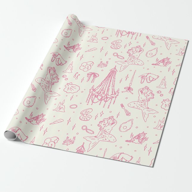 Mermaid Princess Ocean Fantasy Pink Toile Pattern Wrapping Paper (Unrolled)