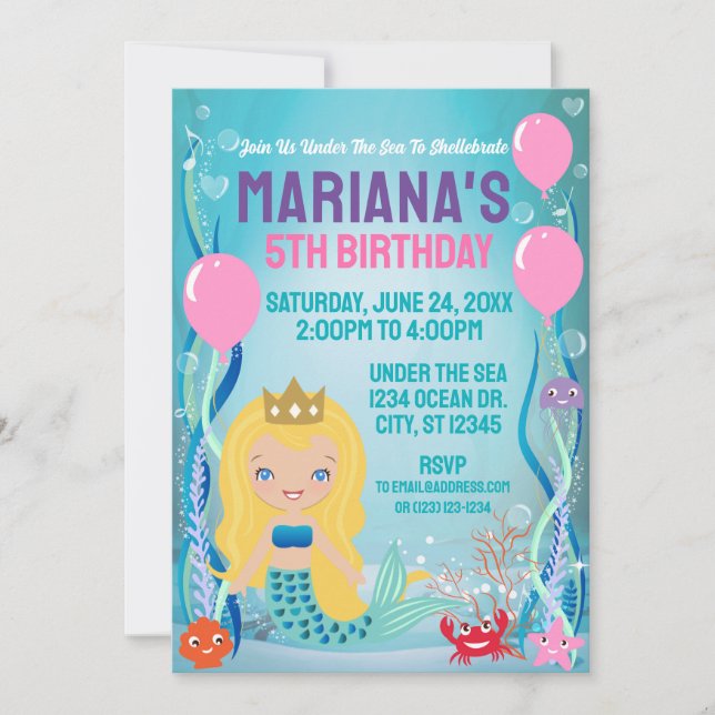Mermaid Princess Party (blonde hair) Invitation (Front)