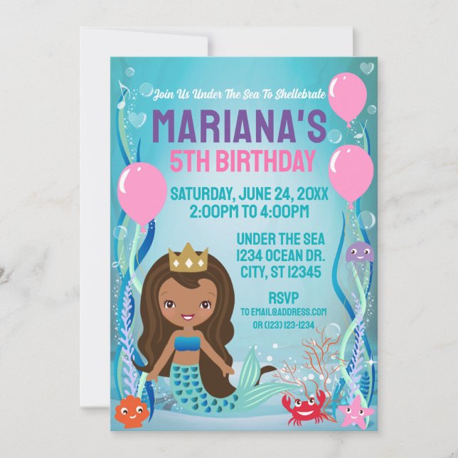 Mermaid Princess Party (dark hair) Invitation (Front)