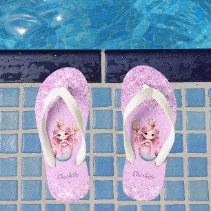 Mermaid princess pink glitter name girl  kid's thongs