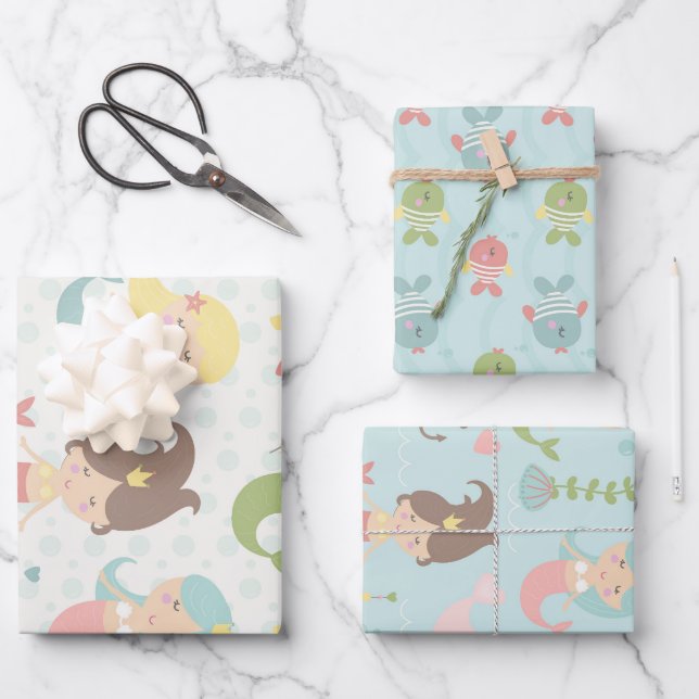 Mermaid Princess Themed Wrapping Paper Sheets (Front)