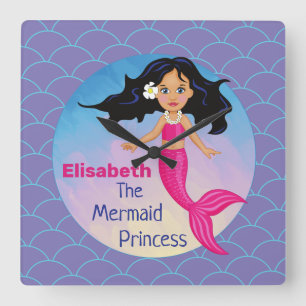 Mermaid princess under the sea water waves pink square wall clock