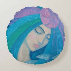 Mermaid Princess, Underwater Fantasy, Pink Blue Round Cushion