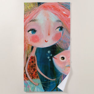 Mermaid Princess With Pink Fish Friend Beach Towel