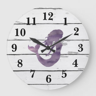 Mermaid Purple Beach Decor Rustic Shiplap Large Clock