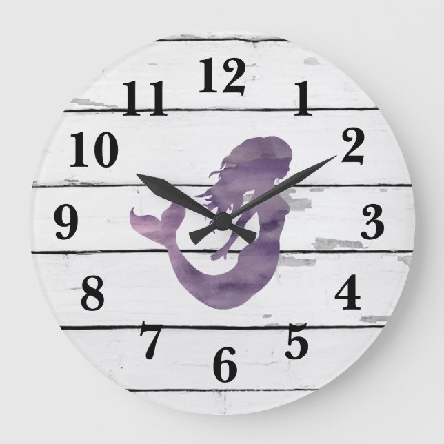 Mermaid Purple Beach Decor Rustic Shiplap Large Clock (Front)