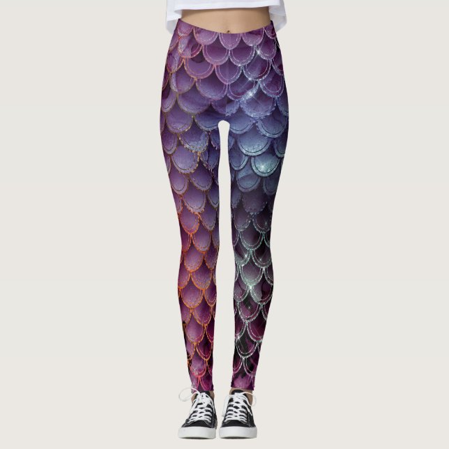 Mermaid Purple, Blue, Red Colours Scales Design Leggings (Front)