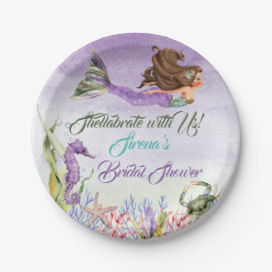 Mermaid Purple Green Gold Seahorse Crab Paper Plate