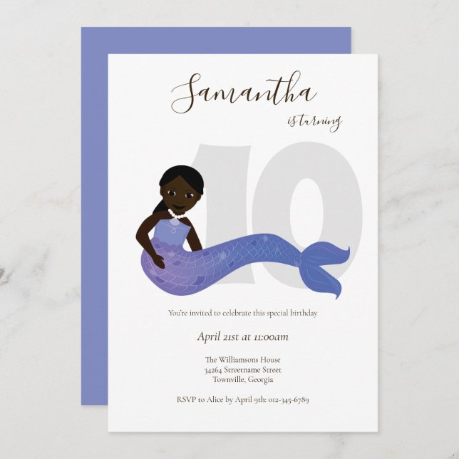 Mermaid Purple Kids Birthday Invitation (Front/Back)