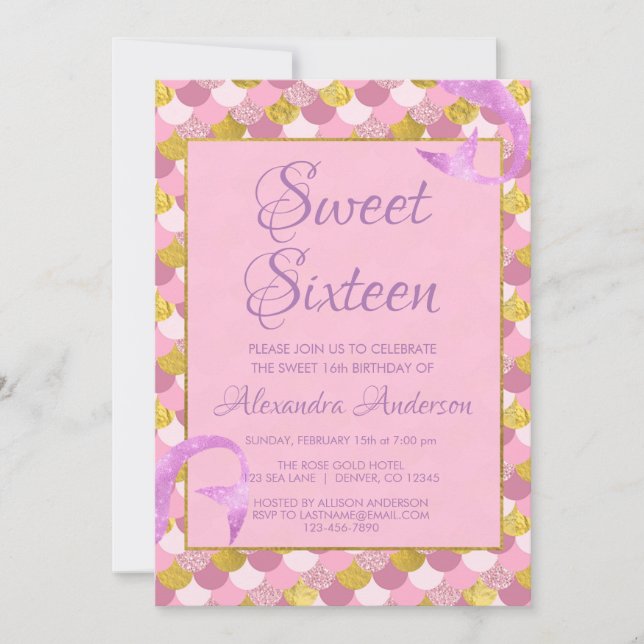 Mermaid Purple, Pink and Gold Sweet 16 Birthday Invitation (Front)