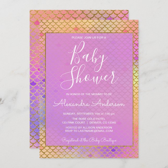 Mermaid Purple, Pink & Yellow Girl's Baby Shower Invitation (Front/Back)