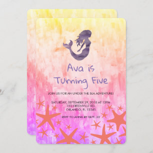 Mermaid Purple Starfish Birthday Invitation