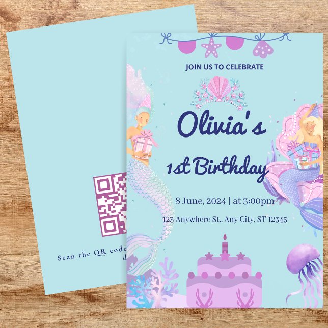 Mermaid QR Code under sea 1st Birthday Invitation (Creator Uploaded)
