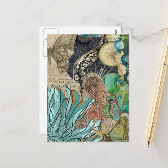 Mermaid Queen Mixed Media Collage Postcard (Front/Back In Situ)
