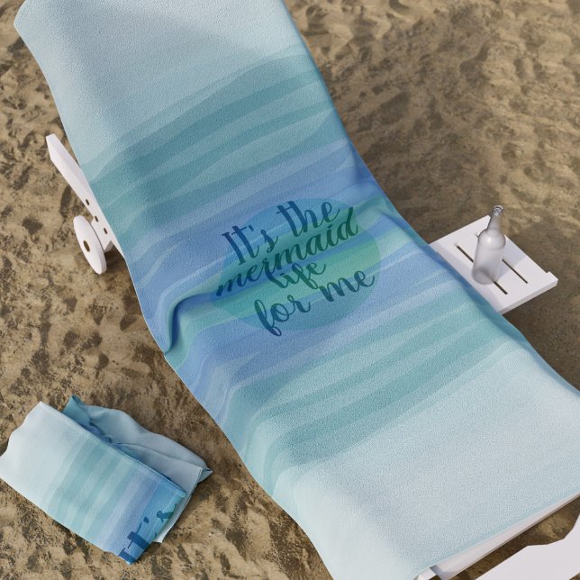 Mermaid Quote Watercolor Waves Blue Beach Towel (Add your own mermaid-y quote to this cute watercolor waves beach towel. Or add your name)