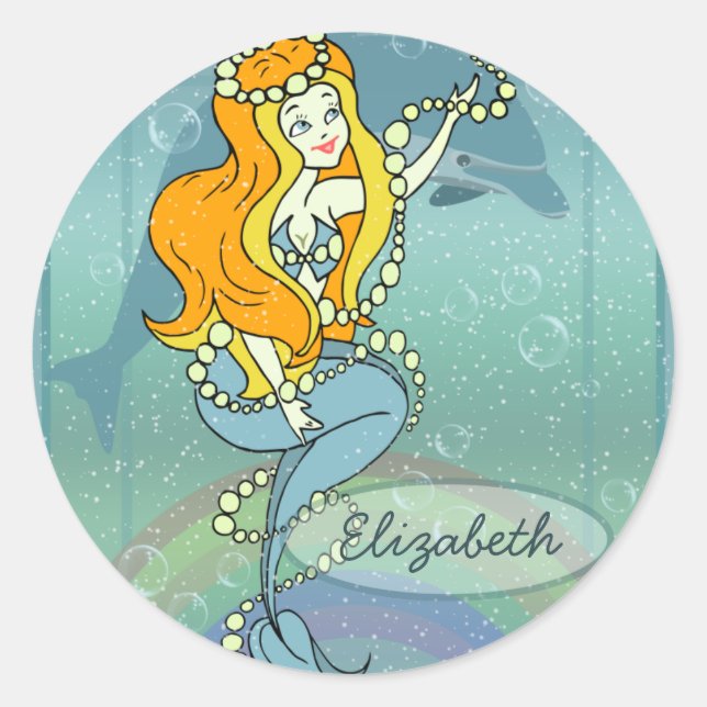 Mermaid Rainbow and Dolphin Illustration Design Classic Round Sticker (Front)