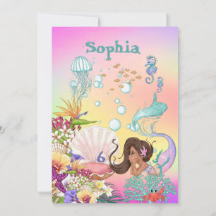 Mermaid Rainbow Dark Hair Under The Sea Birthday   Invitation