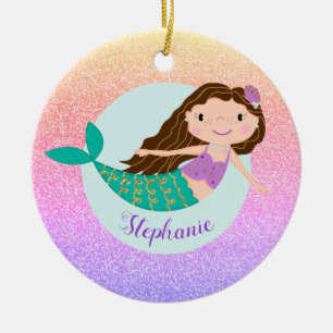 Mermaid Rainbow Glitter Personalised Name Ceramic Ornament