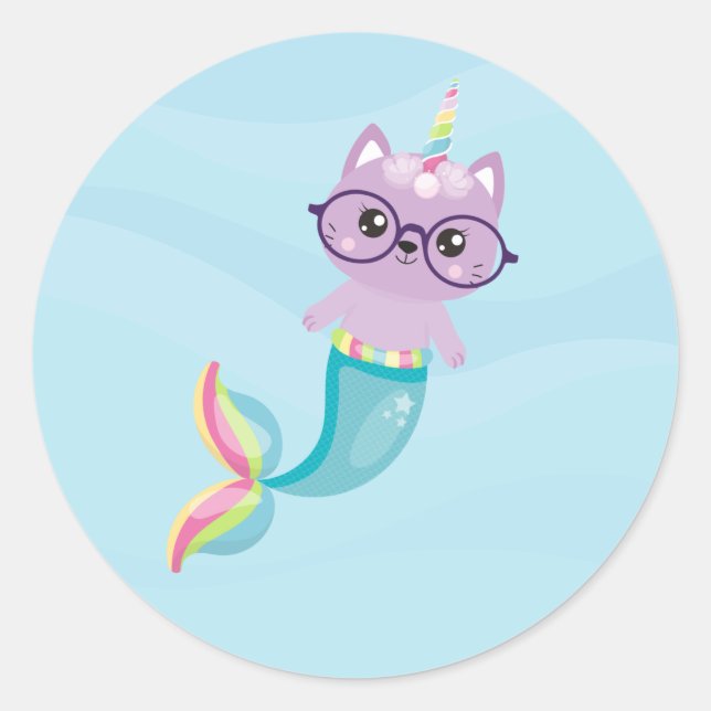 Mermaid Rainbow Unicorn Purple Cat Classic Round Sticker (Front)