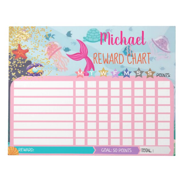 Mermaid Reward Chart Chore Chart blue behaviour Notepad (Front)