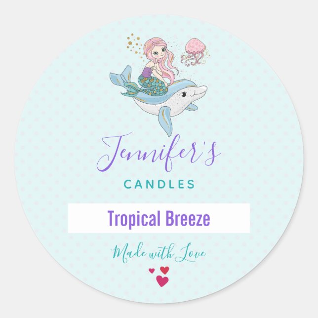 Mermaid Riding a Dolphin Candle / Soap Classic Round Sticker (Front)